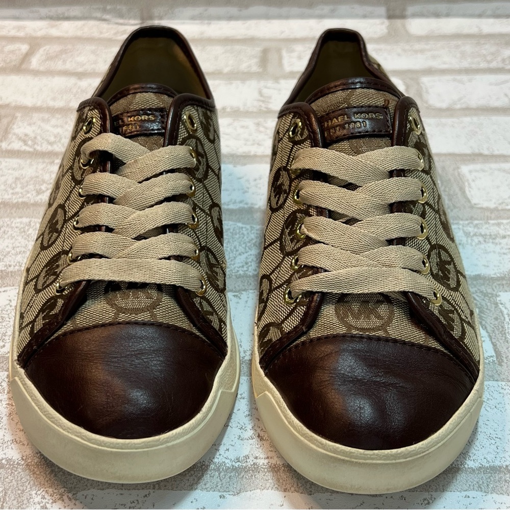 Michael Kors Brown Canvas Logo City Sneakers Leather Cap Toe Women Shoe Sz. 8.5 - Picture 2 of 7